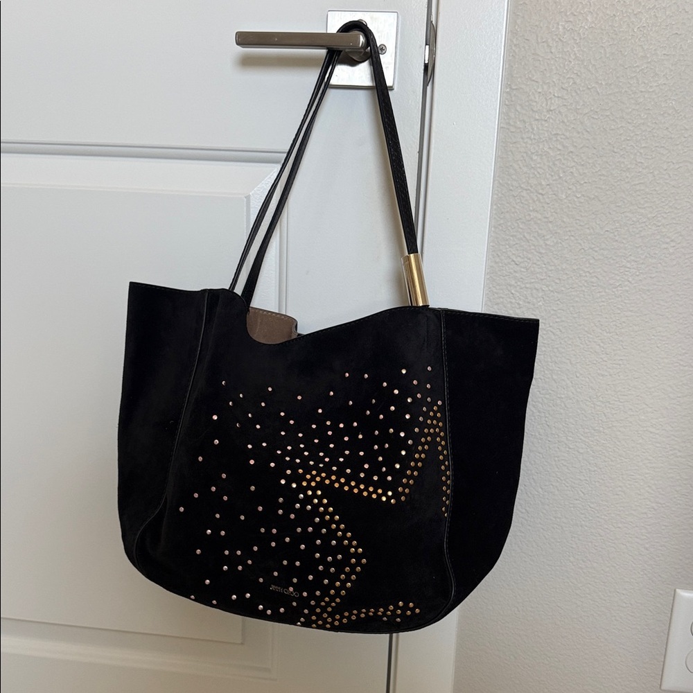 Jimmy Choo Stevie Black Suede Tote with Gold Stud Detailing - Picture 1 of 8